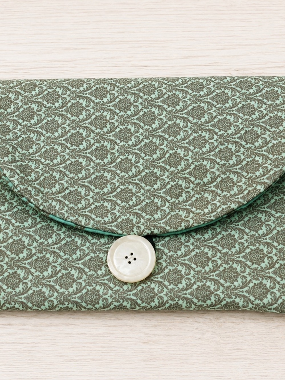 Green & Brown Damask Print Fabric Travel Jewelry Organizer Roll